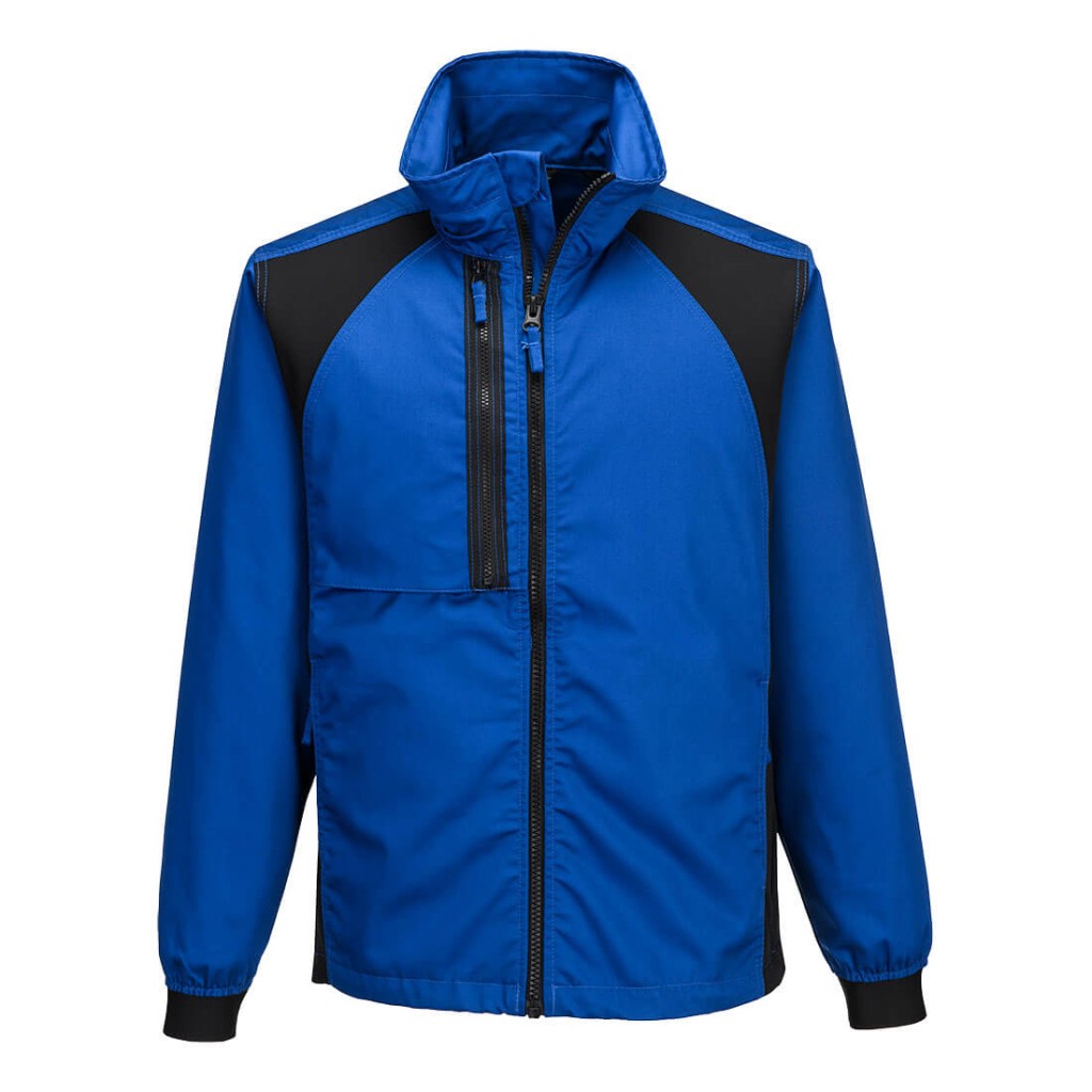 A blue jacket featuring stretch panels for ease of movement, suitable for a wide range of outdoor and site work applications.