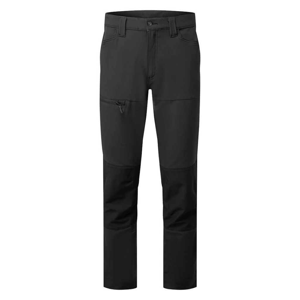 A pair of black work trousers featuring stretch panels for ease of movement, suitable for a wide range of outdoor and site work applications.