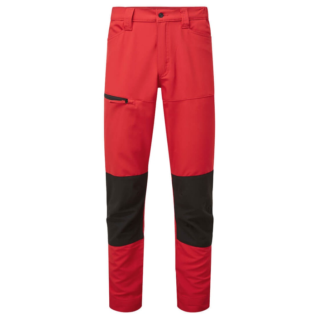 A pair of red work trousers featuring stretch panels for ease of movement, suitable for a wide range of outdoor and site work applications.
