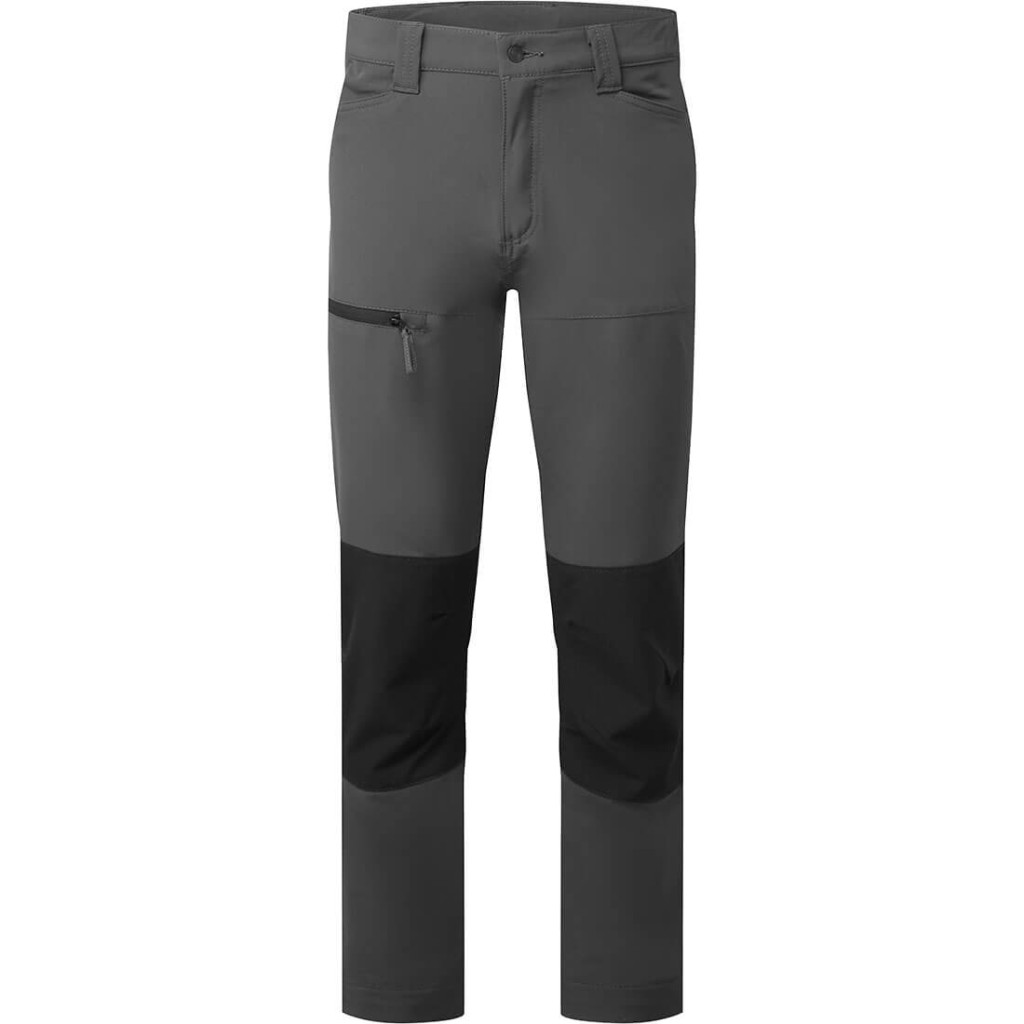 A pair of grey work trousers featuring stretch panels for ease of movement, suitable for a wide range of outdoor and site work applications.