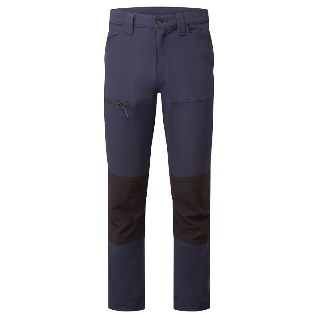 A pair of navy blue work trousers featuring stretch panels for ease of movement, suitable for a wide range of outdoor and site work applications.