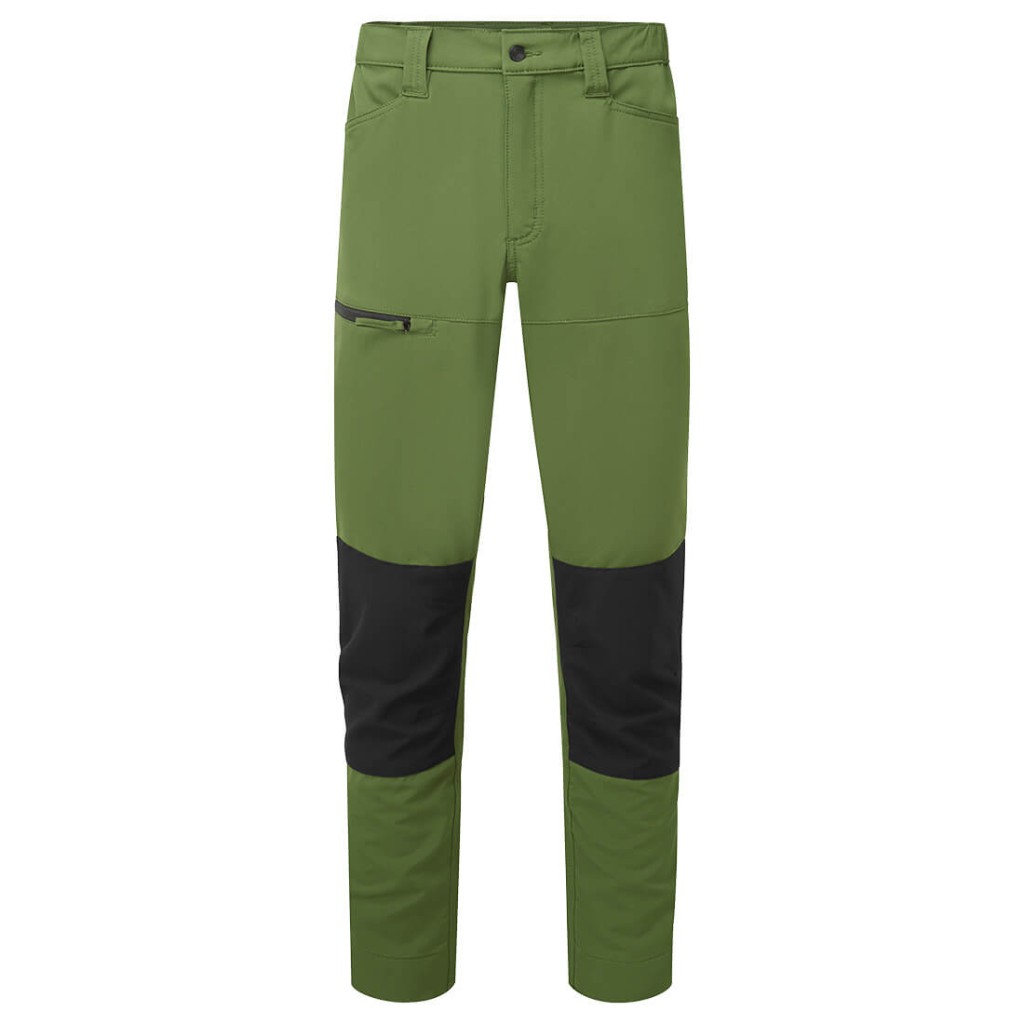 A pair of green work trousers featuring stretch panels for ease of movement, suitable for a wide range of outdoor and site work applications.