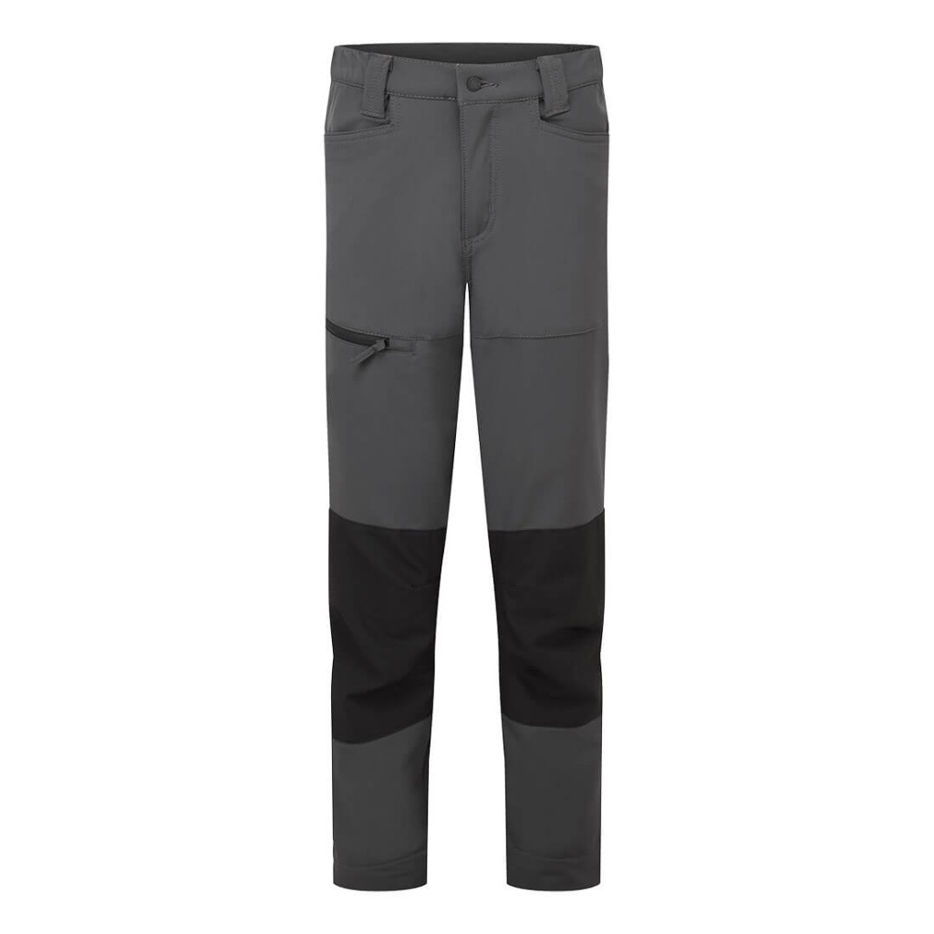 A pair of women's grey work trousers featuring stretch panels for ease of movement, suitable for a wide range of outdoor and site work applications.