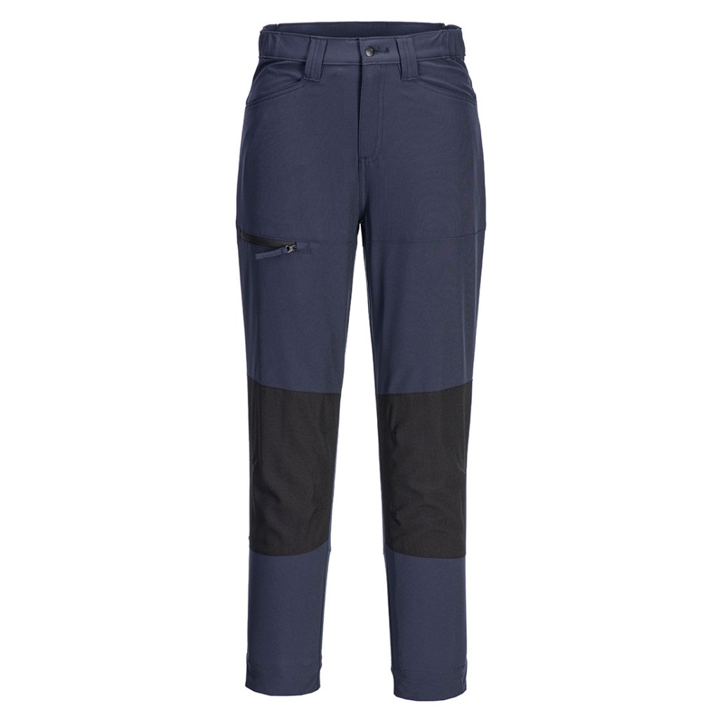 A pair of women's navy blue work trousers featuring stretch panels for ease of movement, suitable for a wide range of outdoor and site work applications.