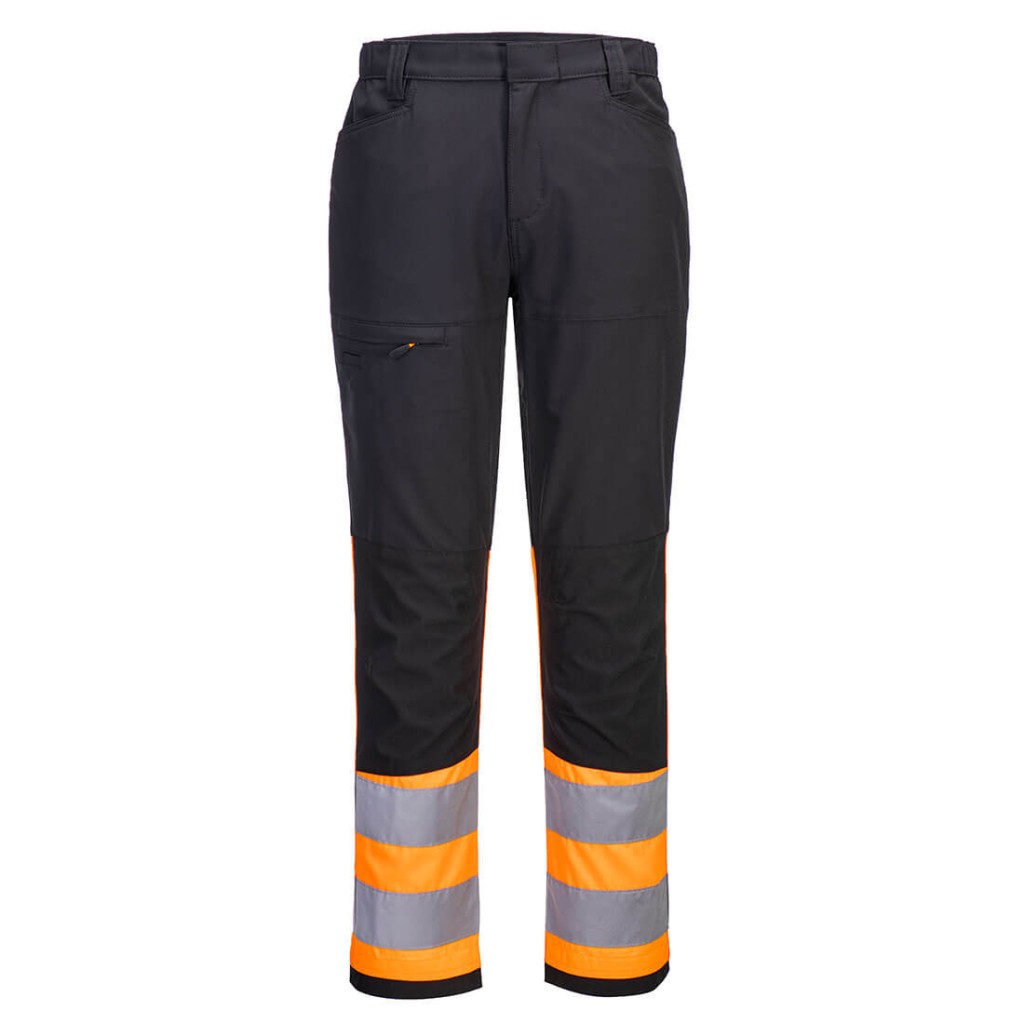 A pair of high-visibility orange trousers featuring retroreflective tape panels, suitable for a wide range of outdoor and site work applications.