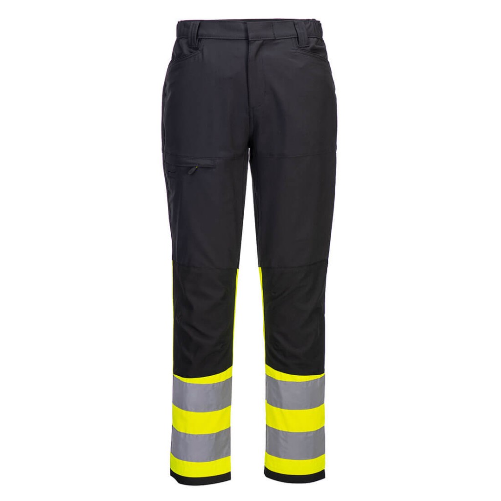A pair of high-visibility yellow trousers featuring retroreflective tape panels, suitable for a wide range of outdoor and site work applications.