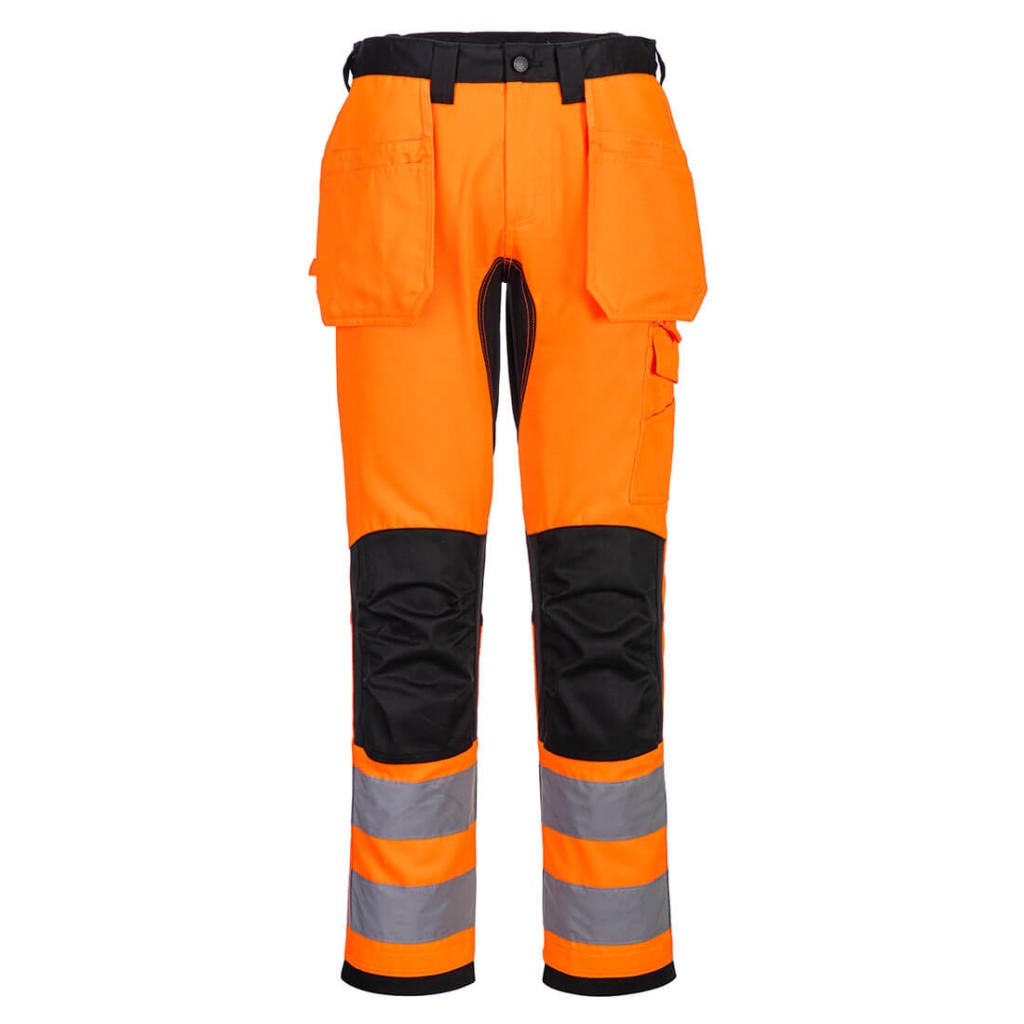 A pair of high-visibility orange trousers featuring retroreflective tape panels, functional pockets, suitable for a wide range of outdoor and site work applications.