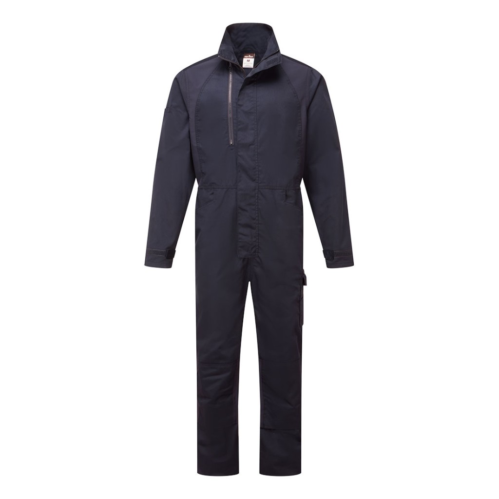 A navy blue coverall featuring stretch panels for ease of movement, suitable for a wide range of outdoor and site work applications.