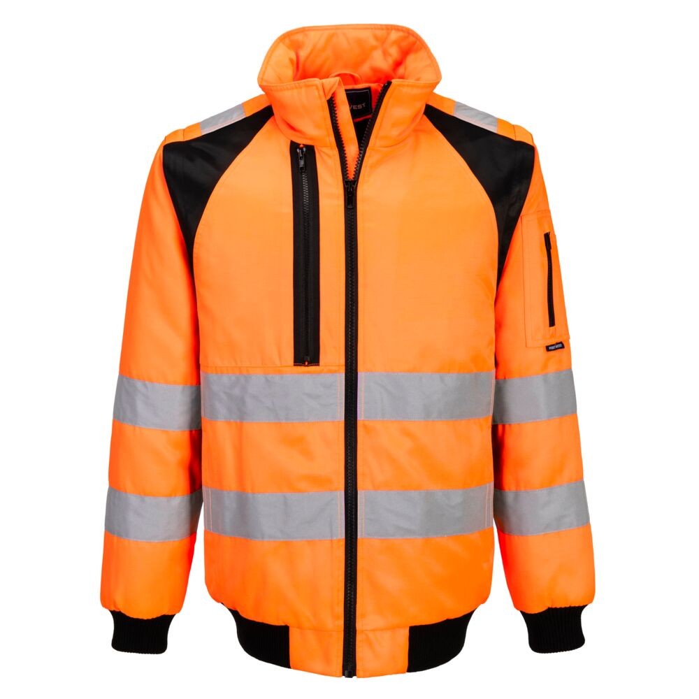 A high-visibility orange jacket featuring retroreflective tape panels, suitable for a wide range of outdoor and site work applications.