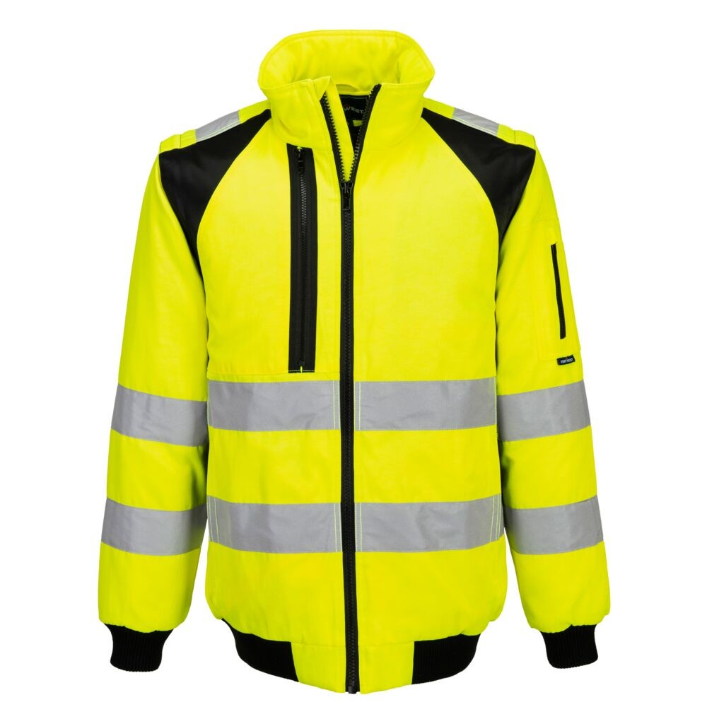 A high-visibility yellow jacket featuring retroreflective tape panels, suitable for a wide range of outdoor and site work applications.