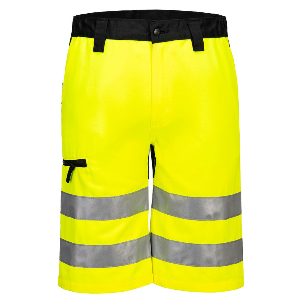 A high-visibility yellow workwear garment featuring retroreflective tape panels, suitable for a wide range of outdoor and site work applications.