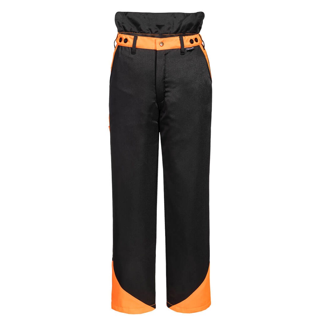 A pair of black work trousers designed for use on construction sites and in industrial work environments.,