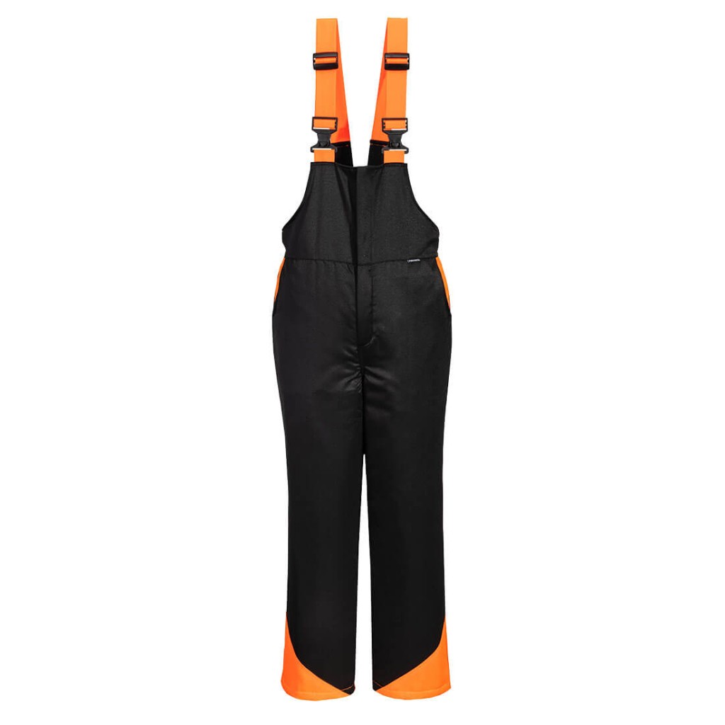 A black workwear garment designed for use on construction sites and in industrial work environments.,