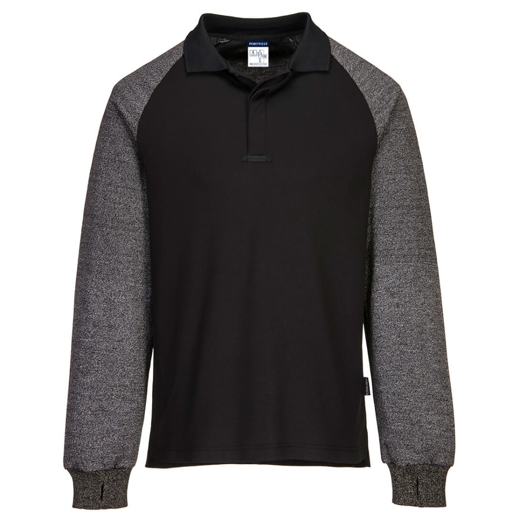 A black polo shirt designed for use on construction sites and in industrial work environments.,