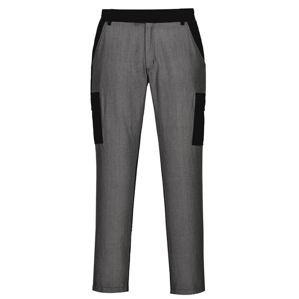 A pair of black work trousers designed for use on construction sites and in industrial work environments.,