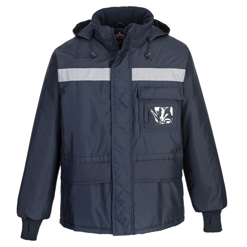 A navy blue jacket designed for use on construction sites and in industrial work environments.,
