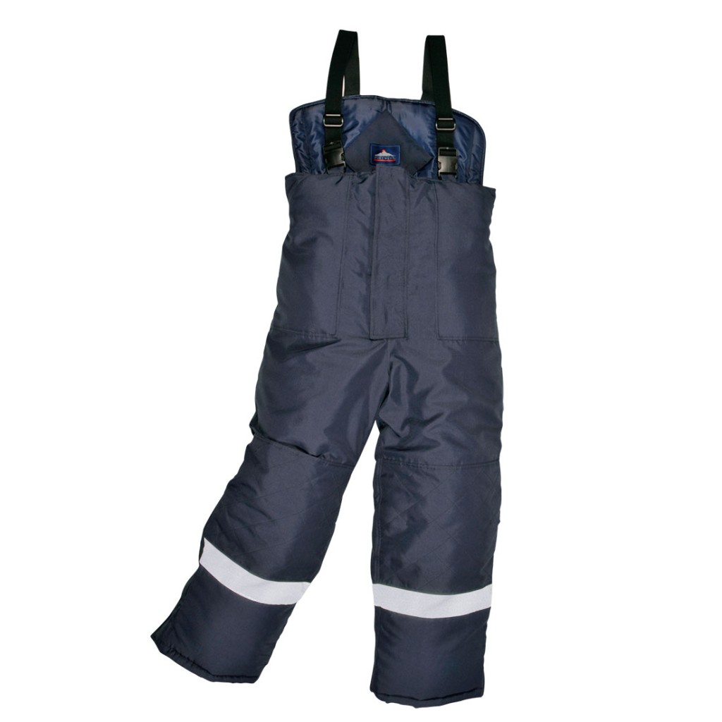 A pair of navy blue work trousers designed for use on construction sites and in industrial work environments.,