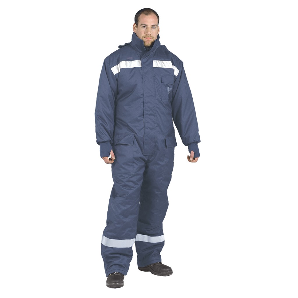 A navy blue coverall designed for use on construction sites and in industrial work environments.,