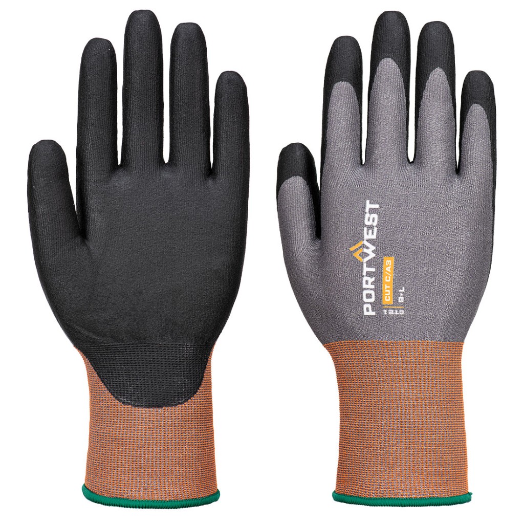 A pair of grey work gloves with cut-level C21 protection, a textured grip palm, and an elasticated cuff for a secure fit.