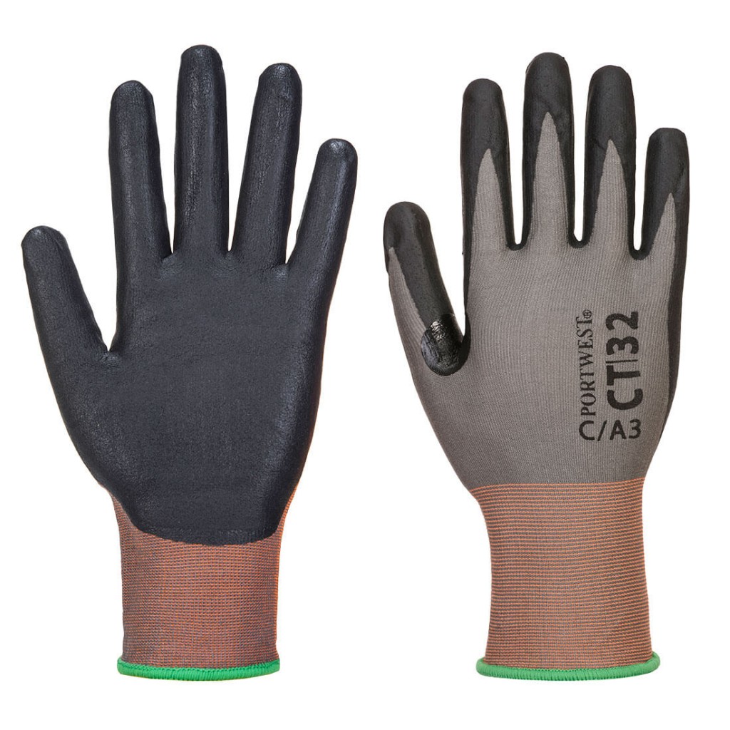 A pair of grey work gloves with cut-level C18 protection, a textured grip palm, and an elasticated cuff for a secure fit.