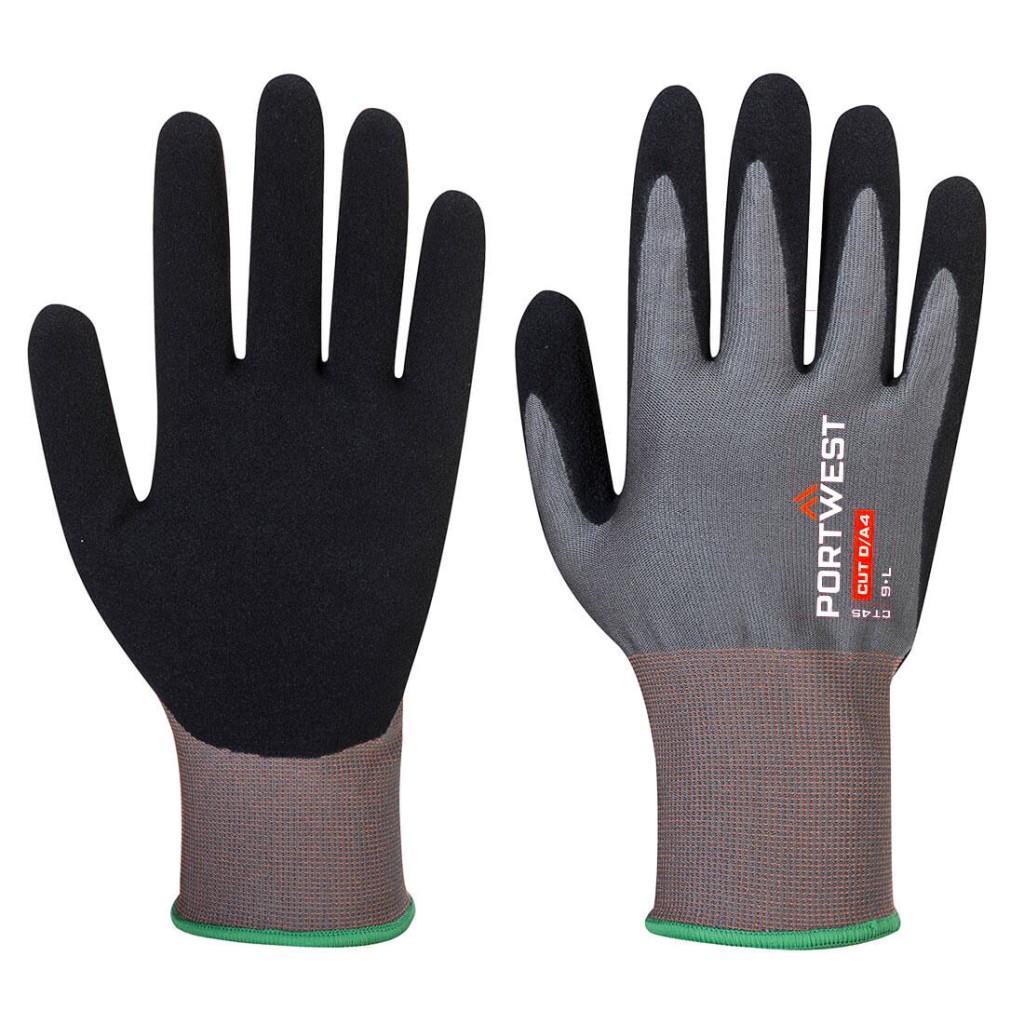A pair of grey work gloves with cut-level D18 protection, a textured grip palm, and an elasticated cuff for a secure fit.