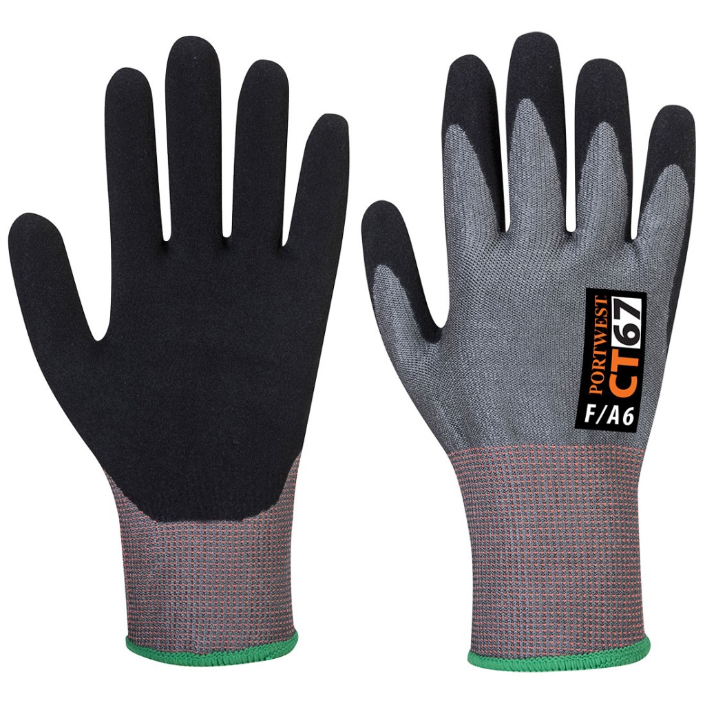 A pair of grey work gloves with cut-level F13 protection, a textured grip palm, and an elasticated cuff for a secure fit.