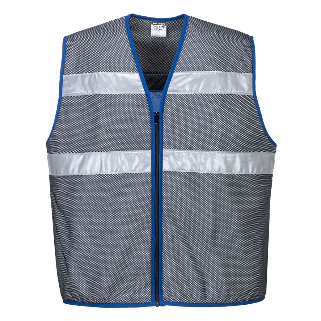 A grey cooling vest designed for use on construction sites and in industrial work environments.,