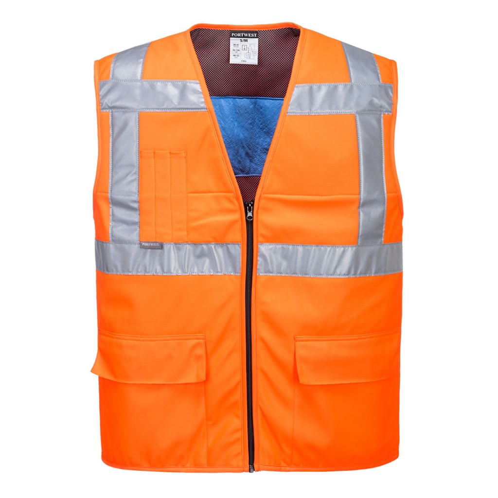 A high-visibility orange cooling vest featuring retroreflective tape panels, suitable for a wide range of outdoor and site work applications.