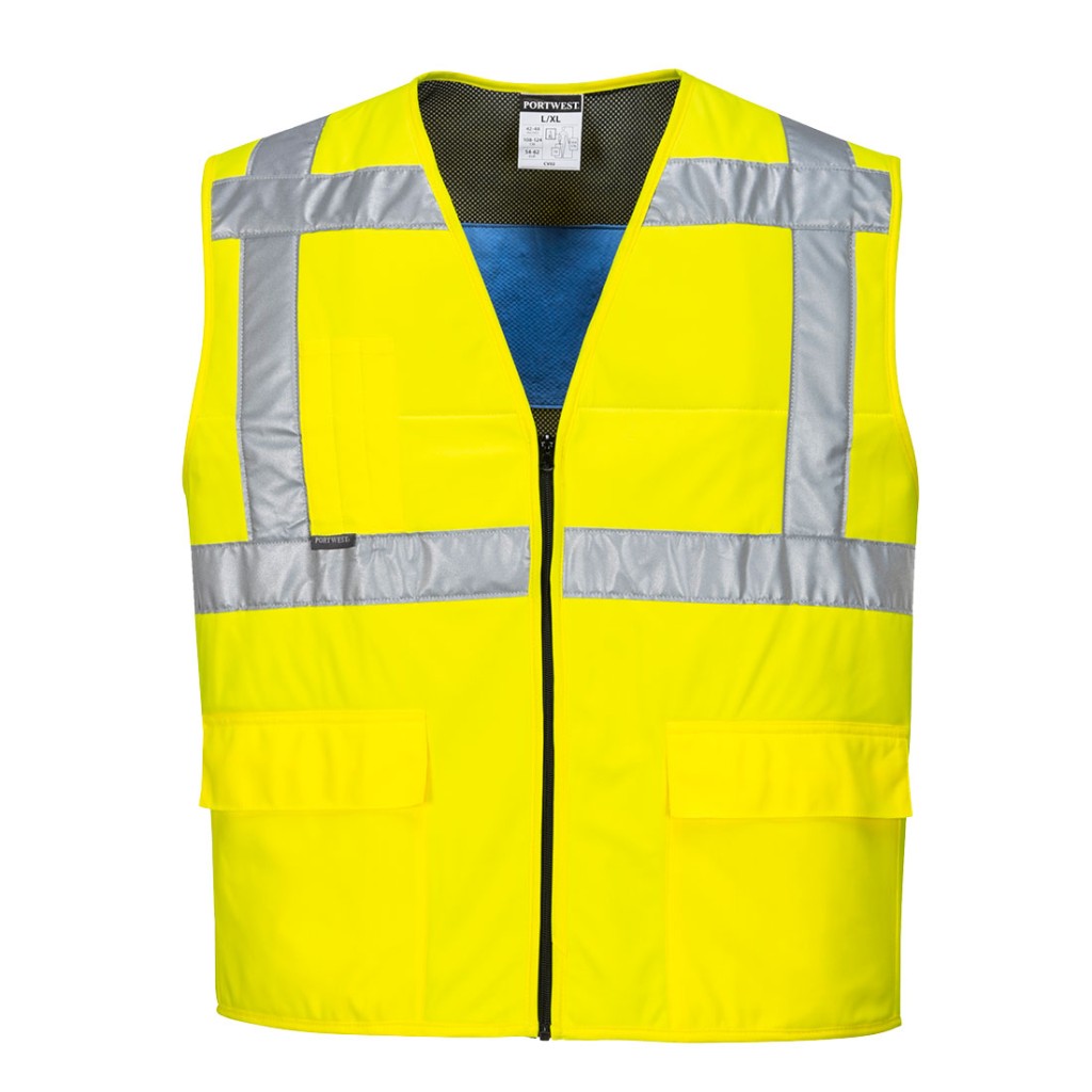 A high-visibility yellow cooling vest featuring retroreflective tape panels, suitable for a wide range of outdoor and site work applications.