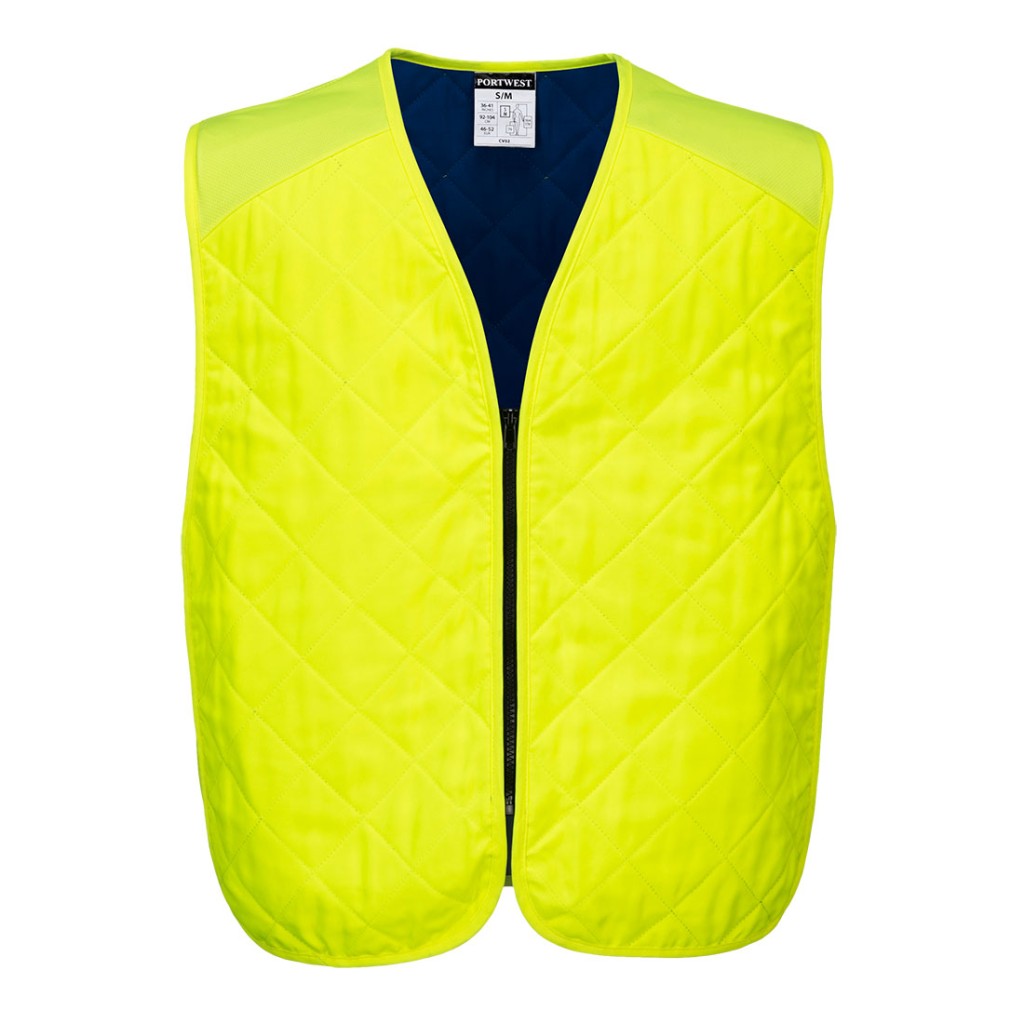 A yellow cooling vest designed for use on construction sites and in industrial work environments.,