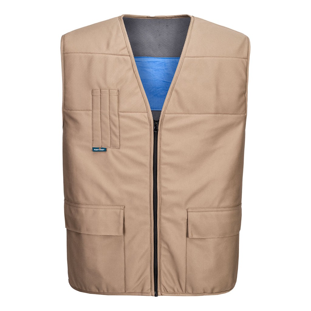 A khaki cooling vest designed for use on construction sites and in industrial work environments.,