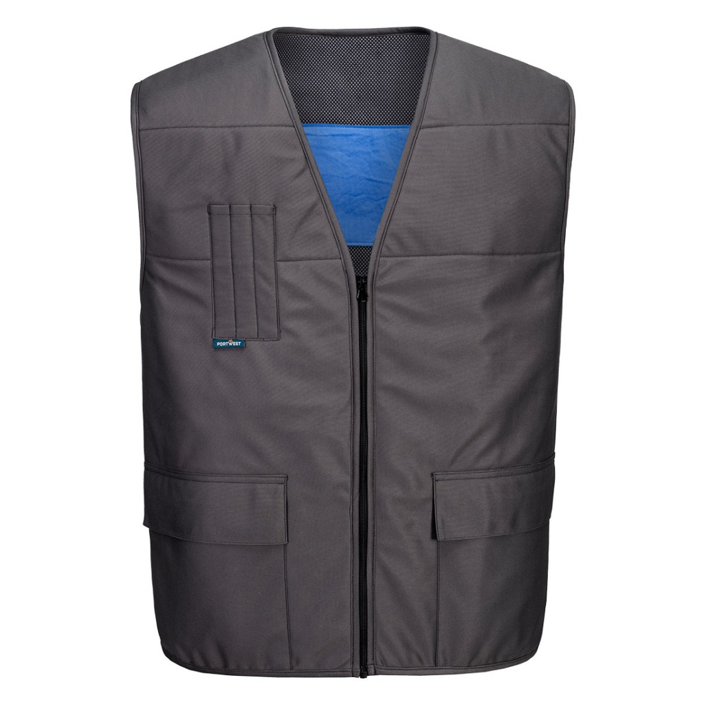 A grey cooling vest designed for use on construction sites and in industrial work environments.,