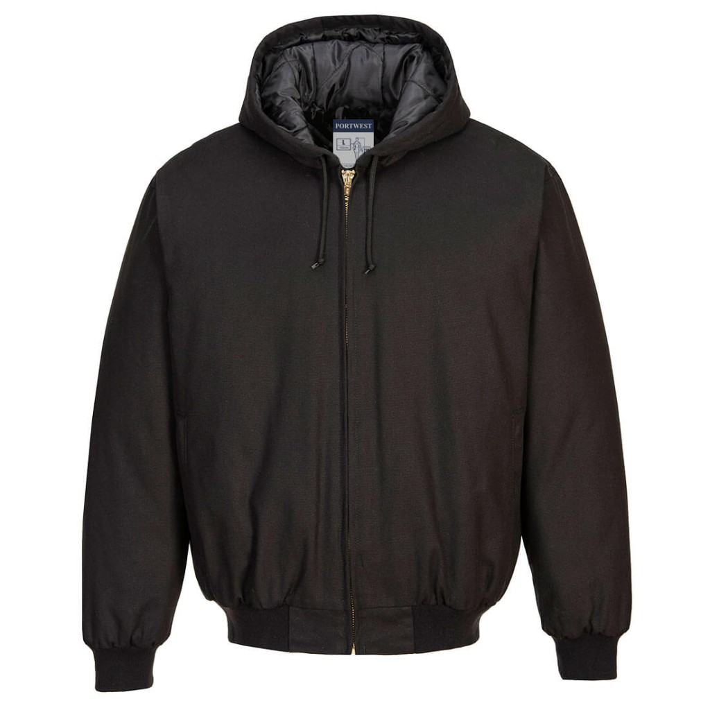 A black jacket designed for use on construction sites and in industrial work environments.,
