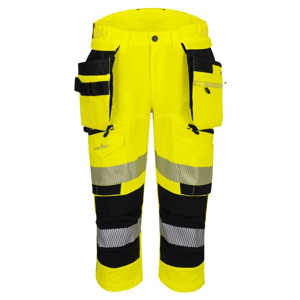 A high-visibility yellow workwear garment featuring retroreflective tape panels, suitable for a wide range of outdoor and site work applications.