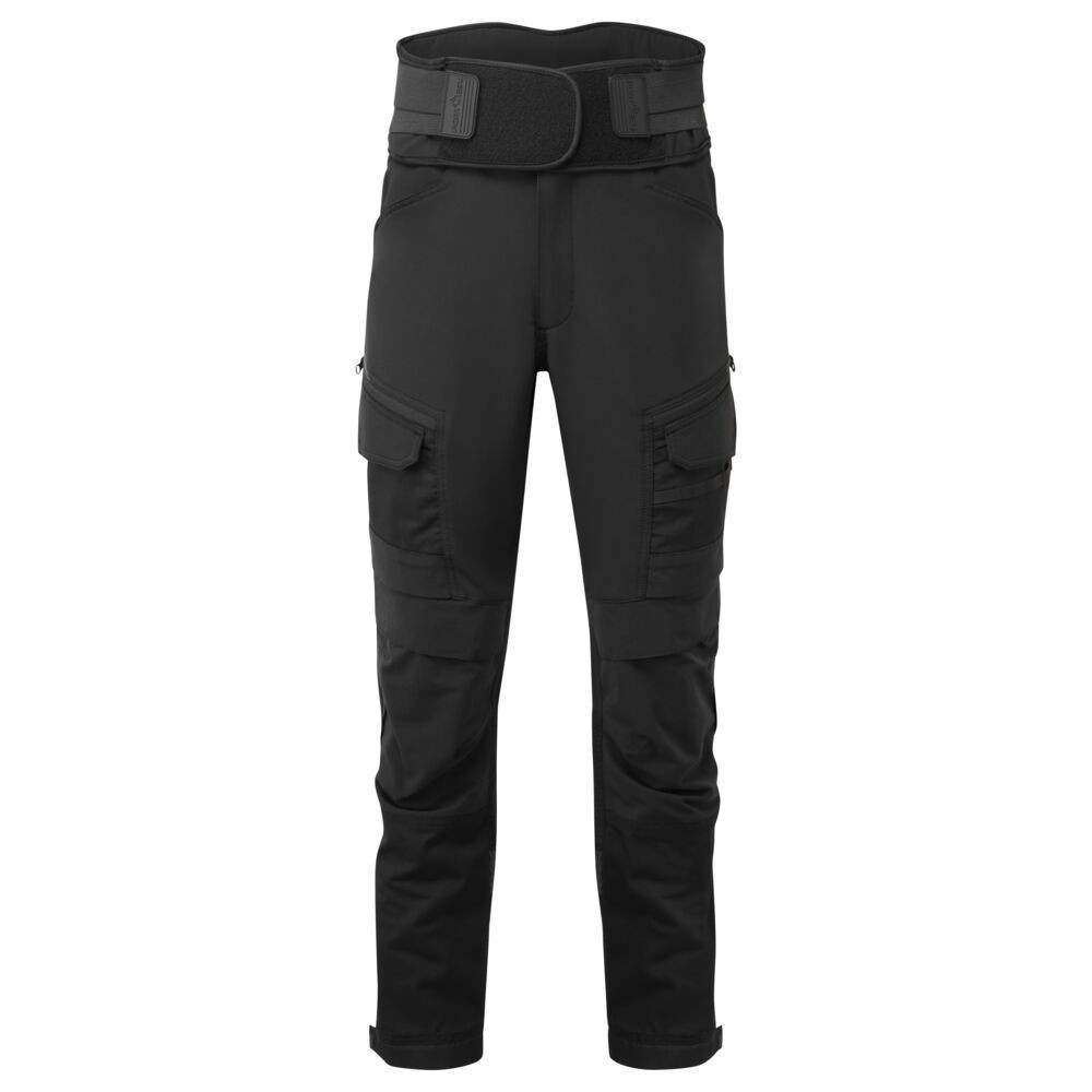 A pair of black work trousers designed for use on construction sites and in industrial work environments.,