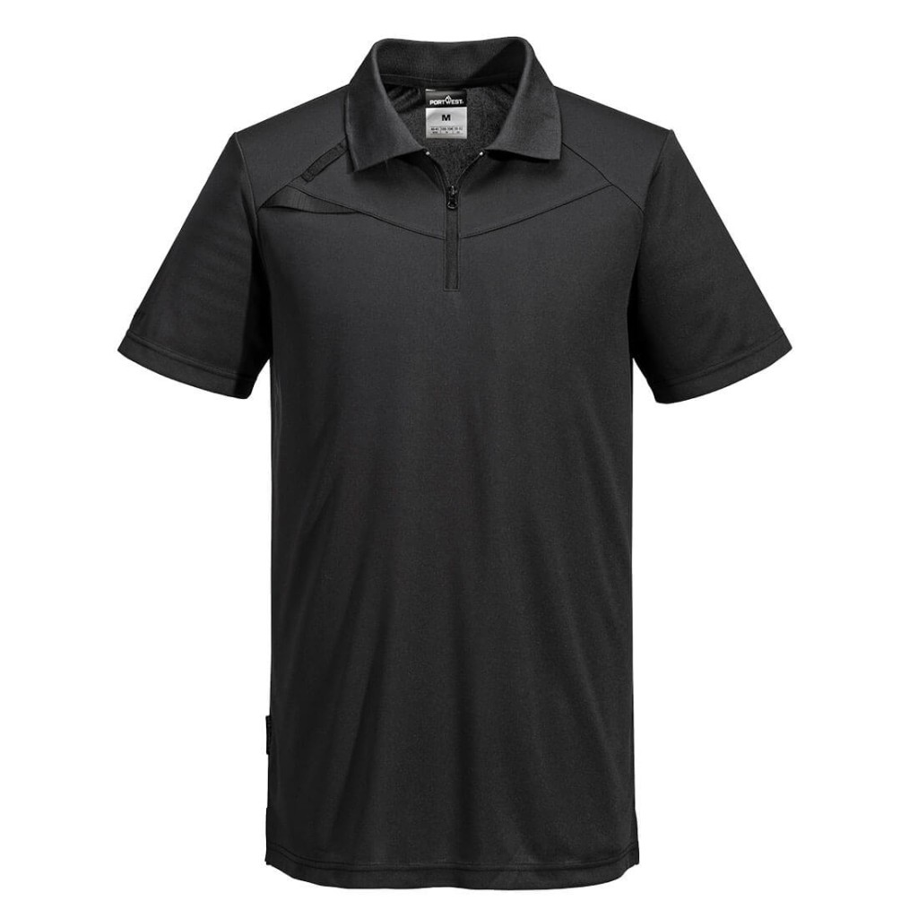 A black polo shirt designed for use on construction sites and in industrial work environments.,