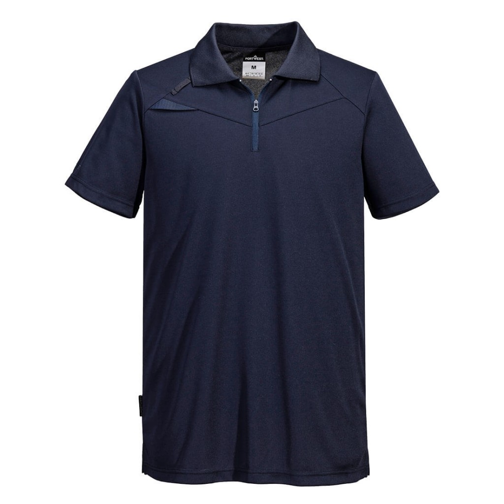 A navy blue polo shirt designed for use on construction sites and in industrial work environments.,