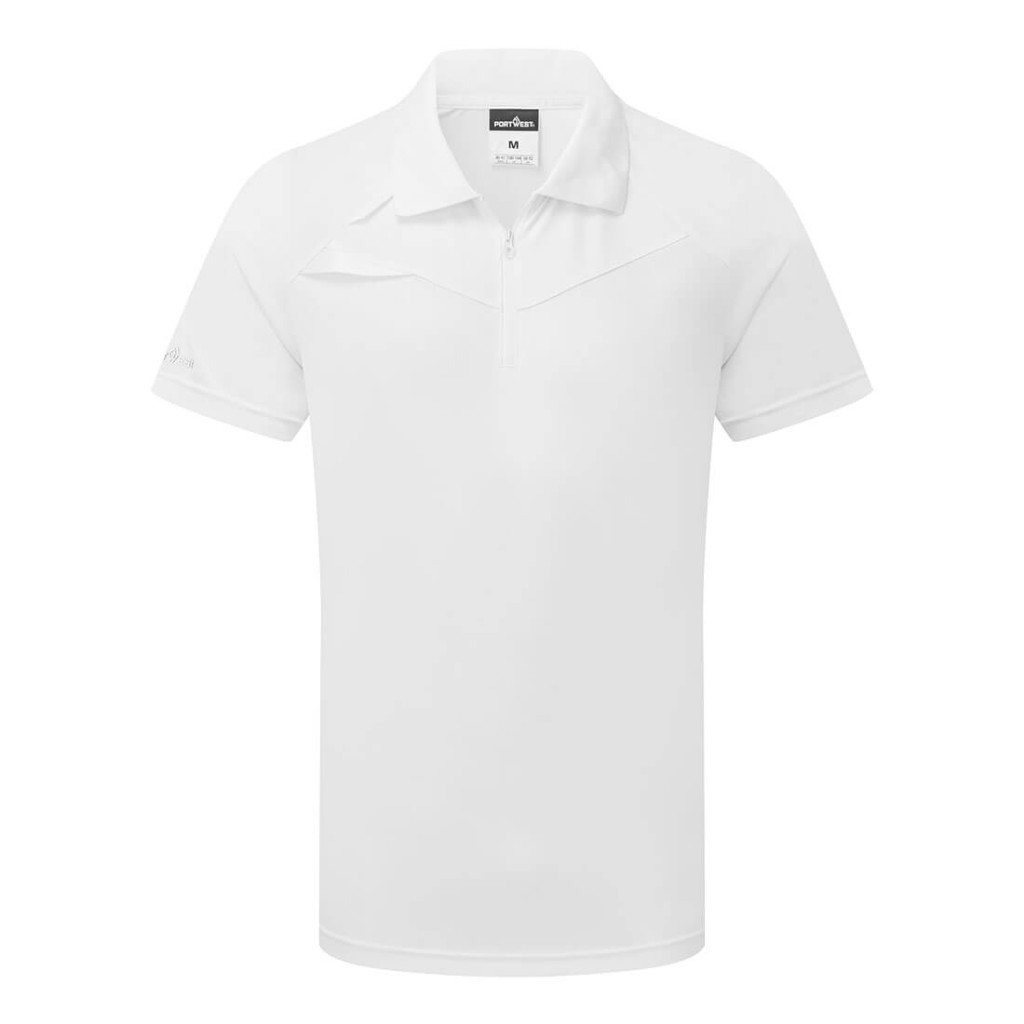 A white polo shirt designed for use on construction sites and in industrial work environments.,