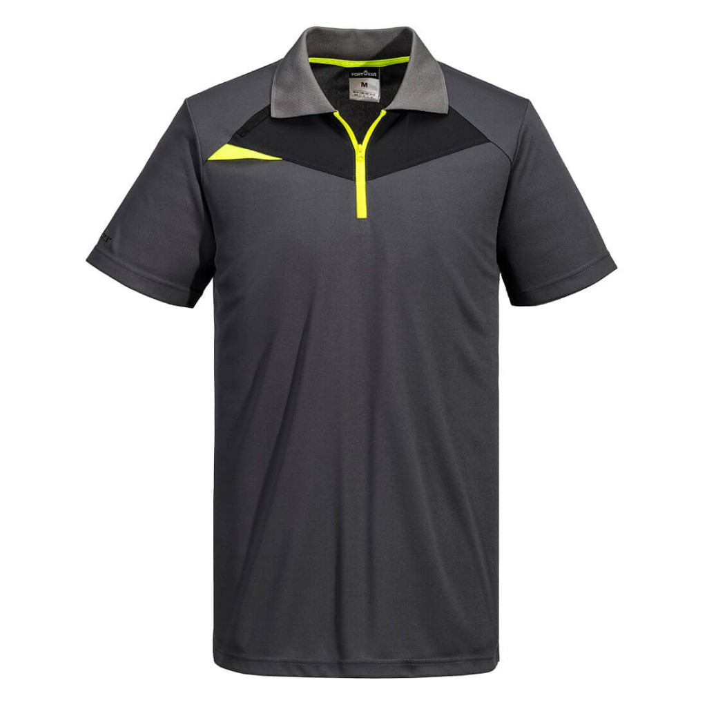 A grey polo shirt designed for use on construction sites and in industrial work environments.,
