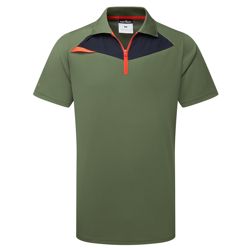 A green polo shirt designed for use on construction sites and in industrial work environments.,