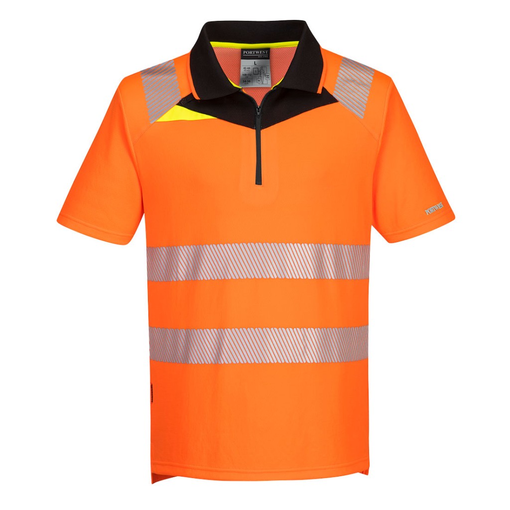 A high-visibility orange polo shirt featuring retroreflective tape panels, a full-length zip front, suitable for a wide range of outdoor and site work applications.