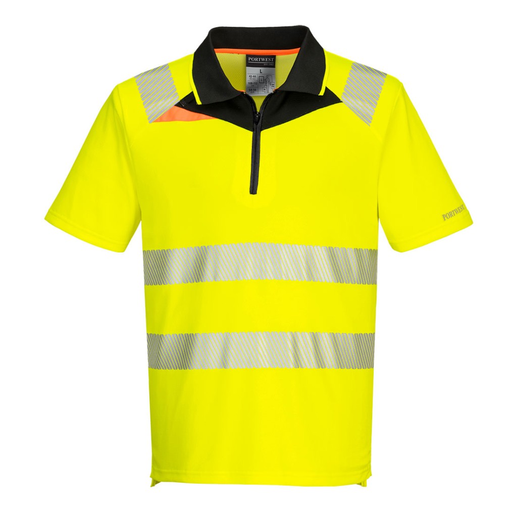 A high-visibility yellow polo shirt featuring retroreflective tape panels, a full-length zip front, suitable for a wide range of outdoor and site work applications.