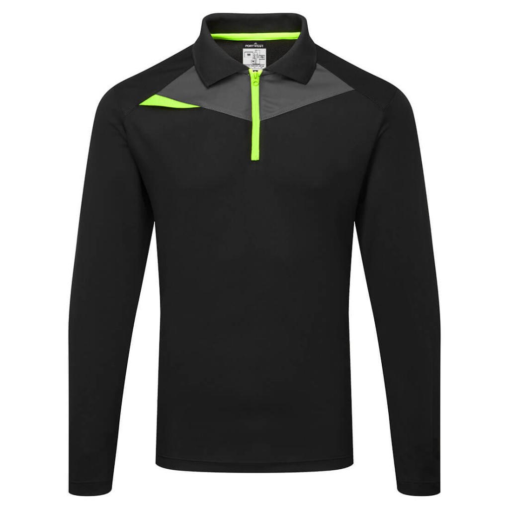 A black polo shirt designed for use on construction sites and in industrial work environments.,