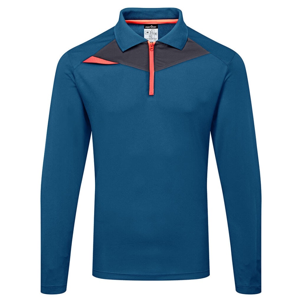 A blue polo shirt designed for use on construction sites and in industrial work environments.,