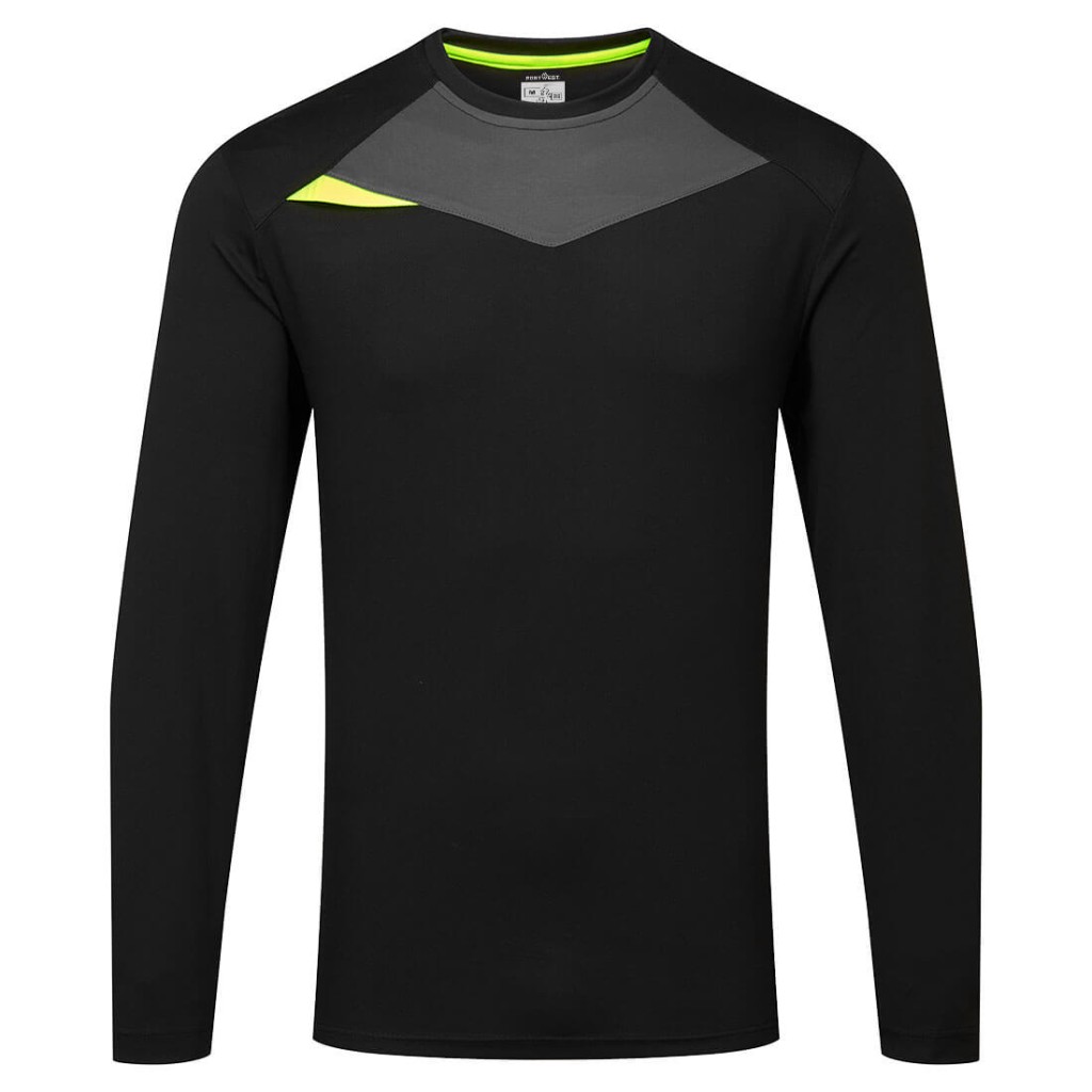 A black work shirt designed for use on construction sites and in industrial work environments.,