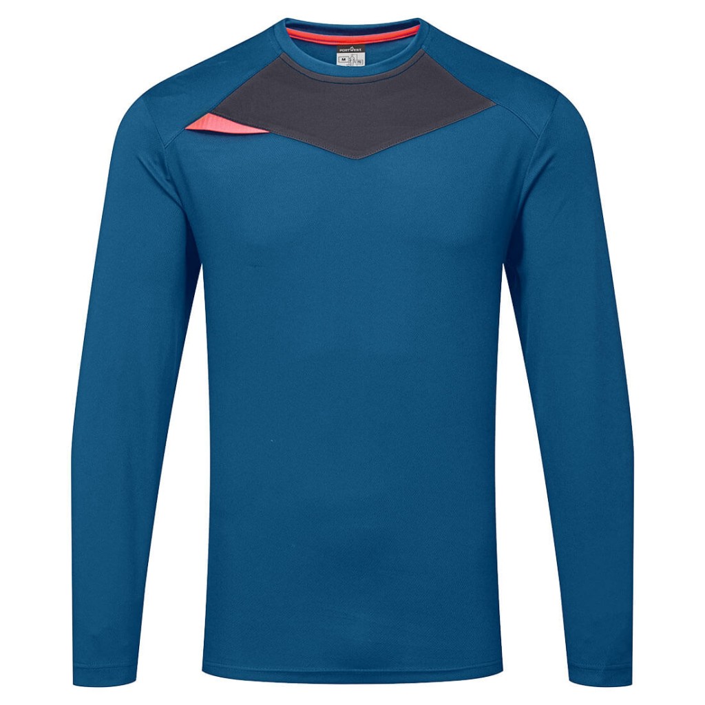 A blue work shirt designed for use on construction sites and in industrial work environments.,