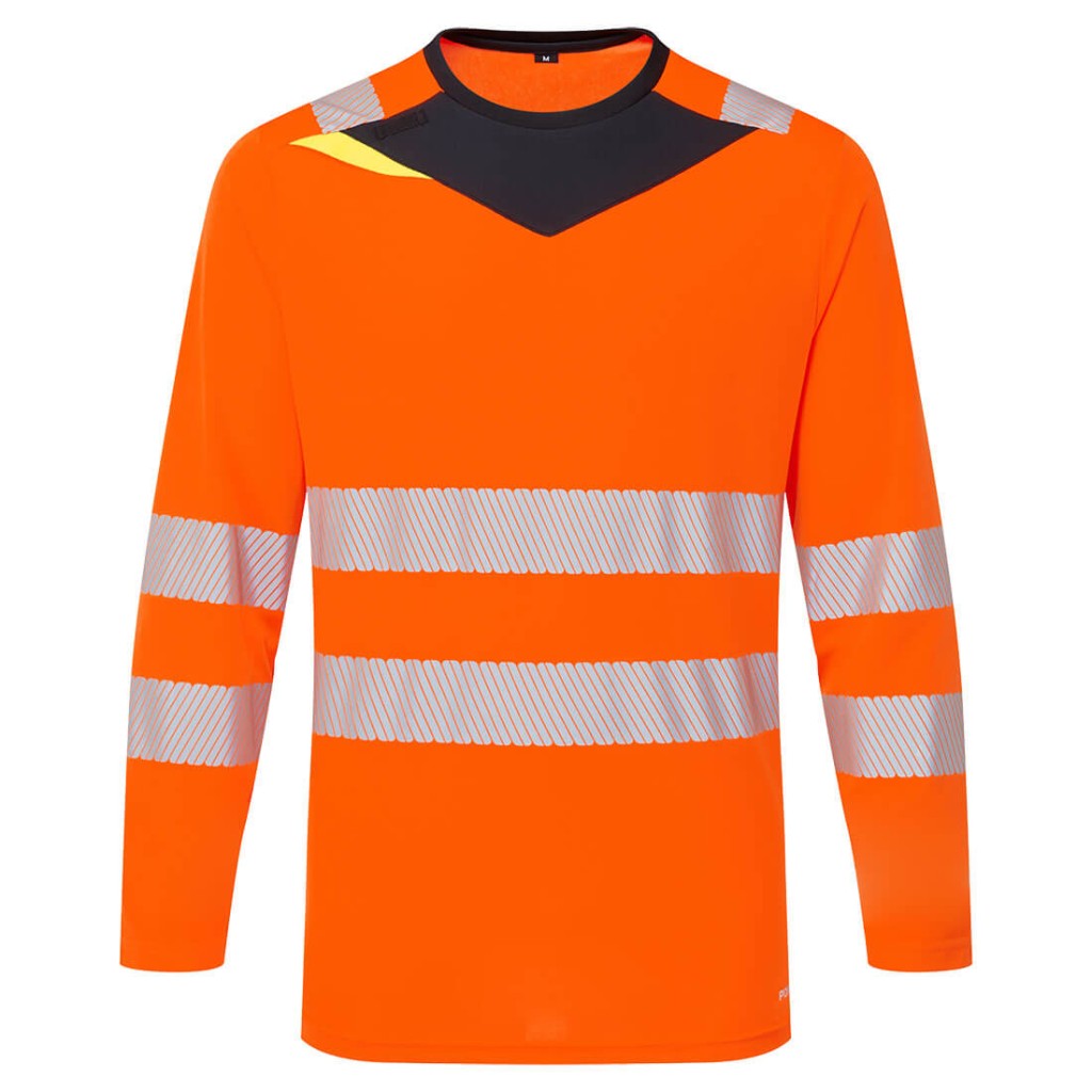 A high-visibility orange work shirt featuring retroreflective tape panels, suitable for a wide range of outdoor and site work applications.
