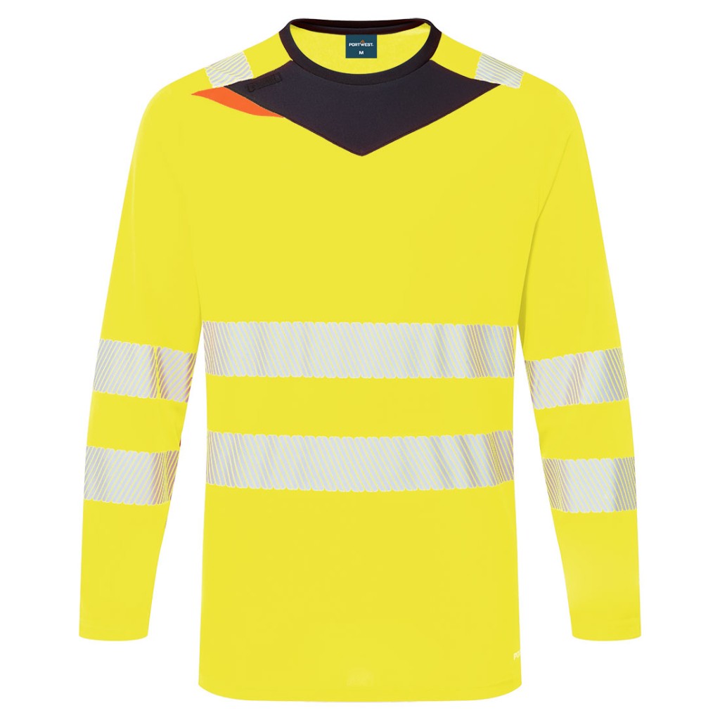 A high-visibility yellow work shirt featuring retroreflective tape panels, suitable for a wide range of outdoor and site work applications.