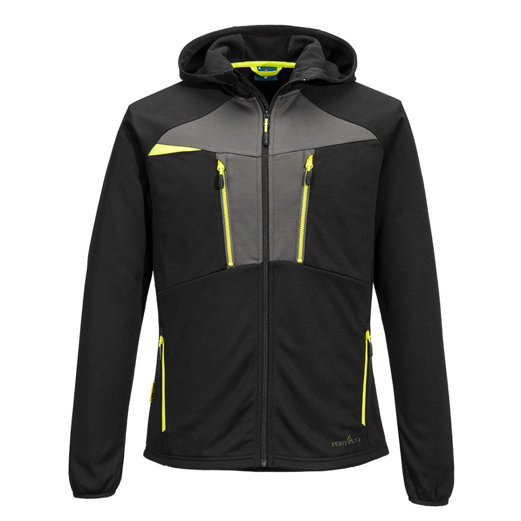 A black workwear garment designed for use on construction sites and in industrial work environments.,