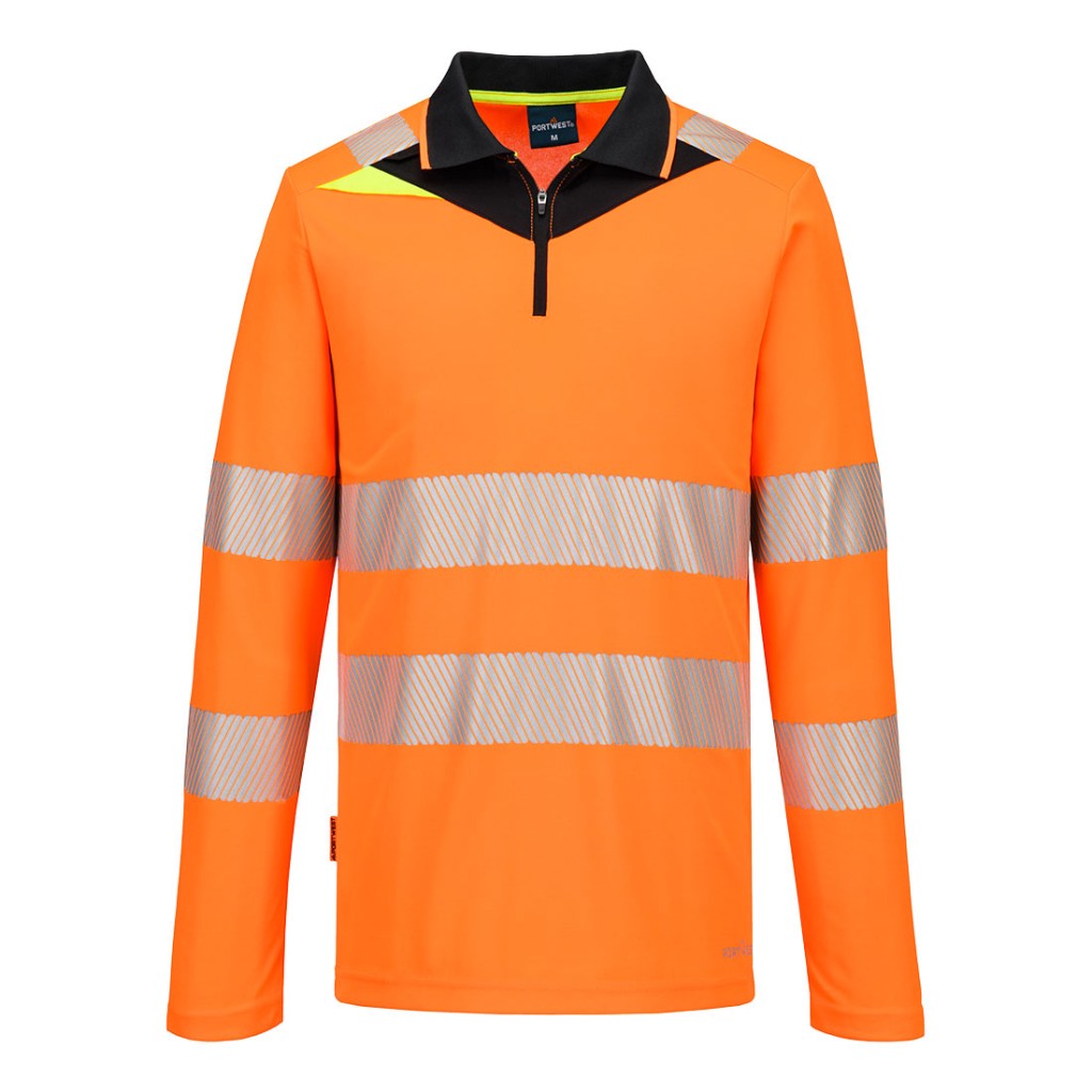 A high-visibility orange polo shirt featuring retroreflective tape panels, a full-length zip front, suitable for a wide range of outdoor and site work applications.